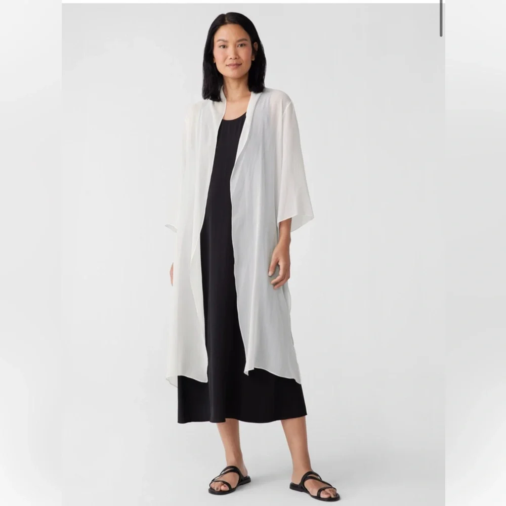 Eileen Fisher Sheer Silk Georgette High Collar Jacket in color Ivory - Picture 4 of 12
